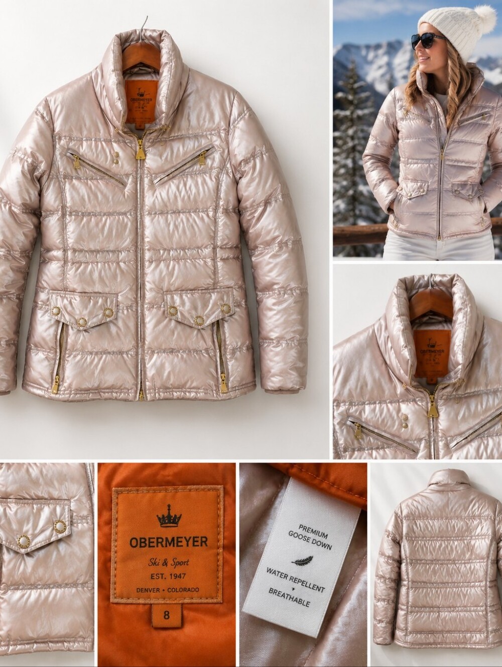Obermeyer Metallic Blush Down Ski Jacket Insulated Winter Coat Size 8